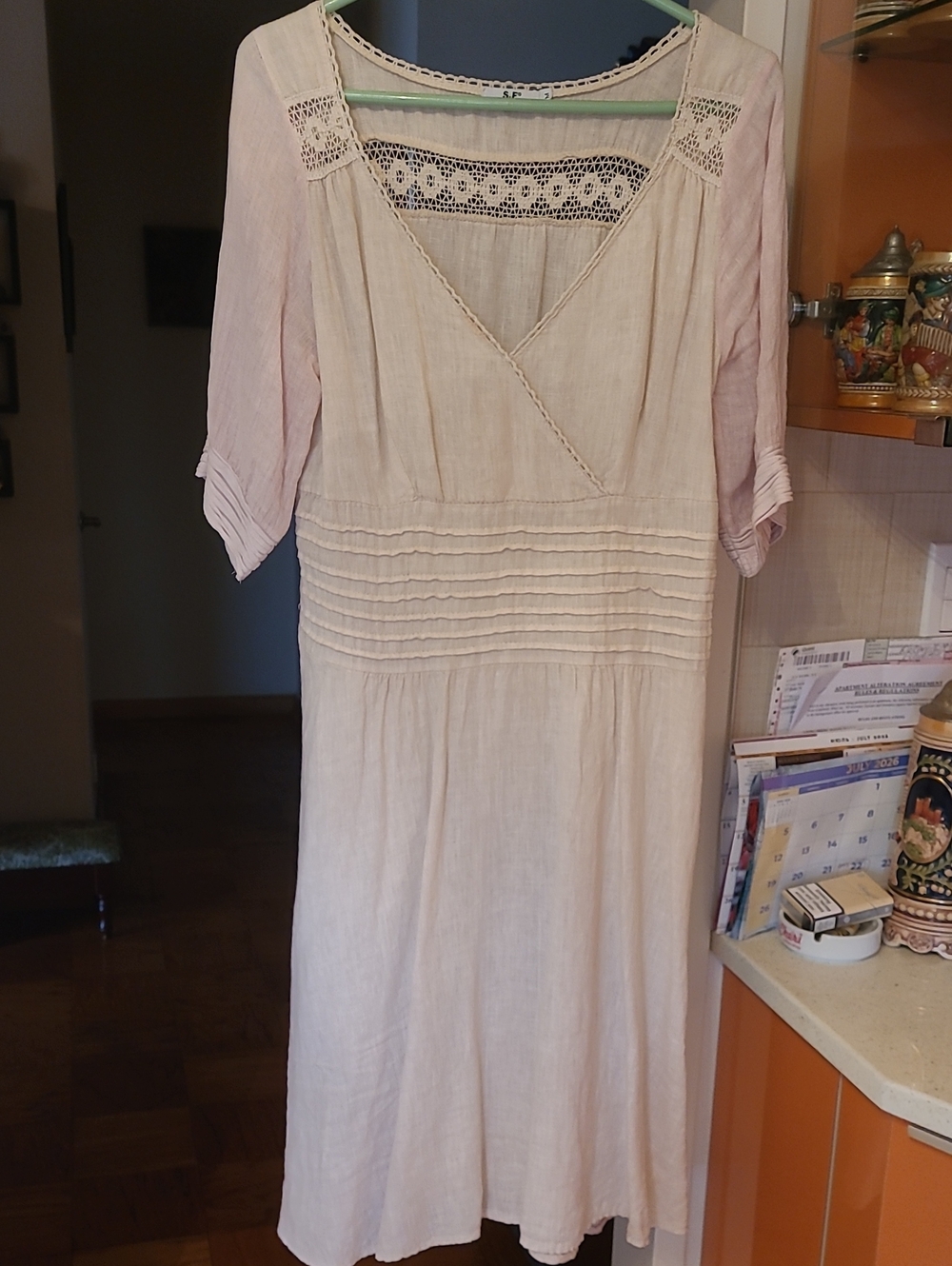 Italian,linen,Boho Lace-Trim Midi Dress in Light Pink